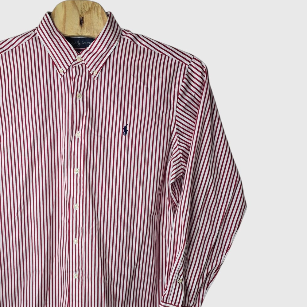 Ralph Lauren Mens XL Classic Fit Red White Striped Button Down Shirt Long Sleeve